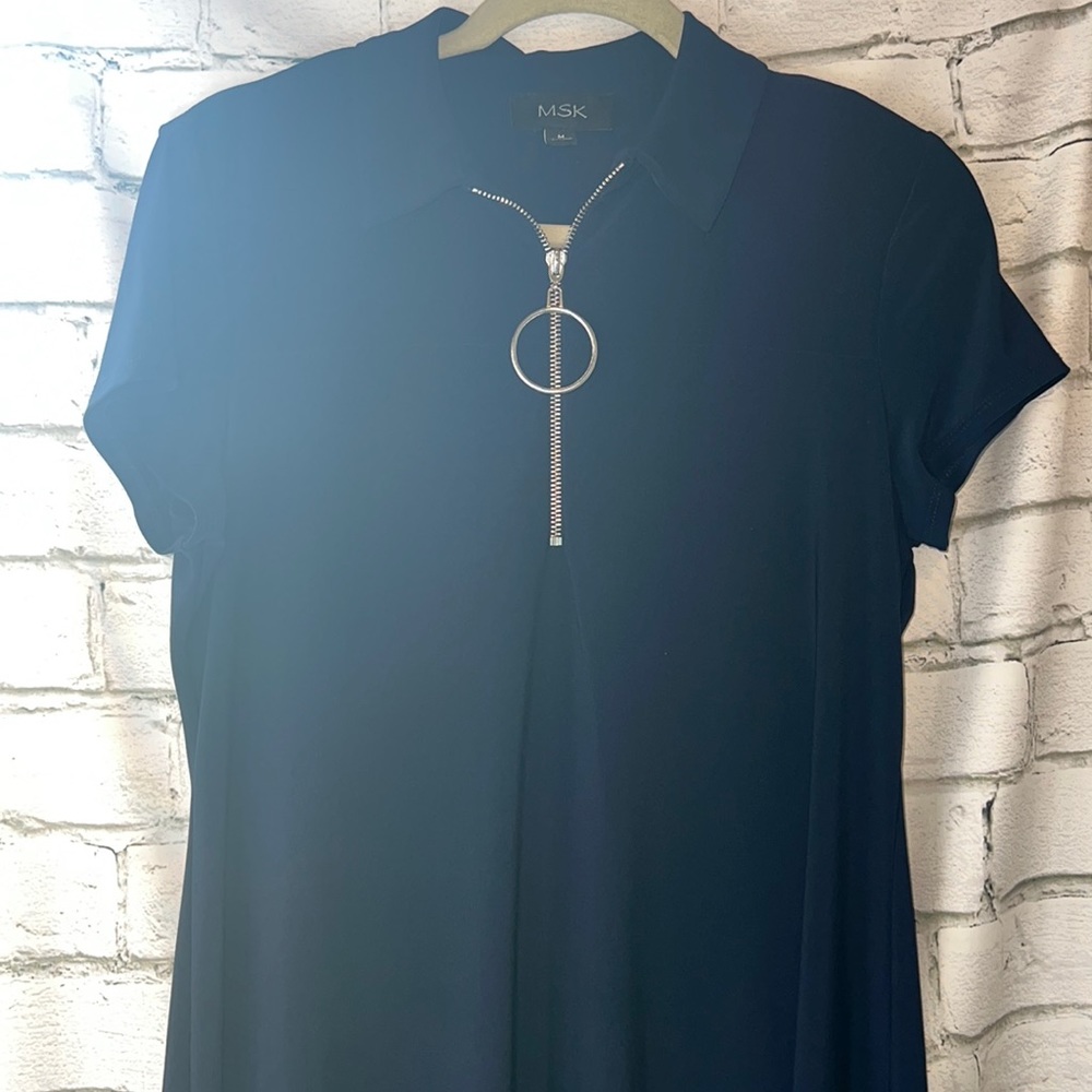 MSK Ladies Navy Blue T-Shirt Dress w/ Silver 1/4 Zip Accent, Short Sleeve, Med